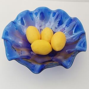 Vintage Cobalt Blue Blown Glass Freeform Centerpiece Serving Bowl